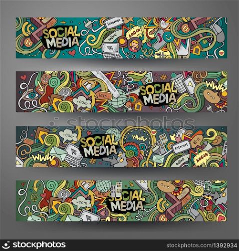 Cartoon vector hand-drawn social media, internet doodles. Horizontal banners design templates set. Cartoon vector hand-drawn social media, internet doodles. Horizo