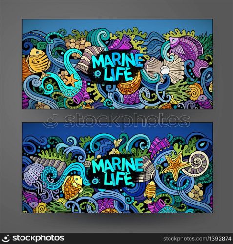 Cartoon vector hand-drawn underwater life, marine doodle corporate identity. 2 Horizontal banners design. Templates set. Cartoon vector hand-drawn underwater life banners
