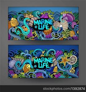 Cartoon vector hand-drawn underwater life, marine doodle corporate identity. 2 Horizontal banners design. Templates set. Cartoon vector hand-drawn underwater life banners