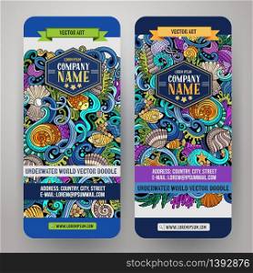 Cartoon vector hand-drawn underwater life, marine doodle corporate identity. 2 vertical banners design. Templates set. Cartoon vector hand-drawn underwater life banners