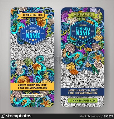 Cartoon vector hand-drawn underwater life, marine doodle corporate identity. 2 vertical banners design. Templates set. Cartoon vector hand-drawn underwater life banners