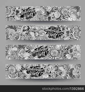 Cartoon vector hand-drawn underwater life, marine doodle corporate identity. 4 Horizontal banners design. Templates line art set. Cartoon vector hand-drawn underwater life, marine doodle corpora