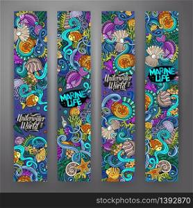 Cartoon vector hand-drawn underwater life, marine doodle corporate identity. 4 vertical banners design. Templates set. Cartoon vector hand-drawn underwater life banners