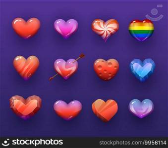 Cartoon vector hearts isolated vectir icons set. Rainbow, candy and ruby gemstone, ice crystal, pierced with arrow red and colorful hearts, pc or mobile game assets, gui design isolated elements. Cartoon vector hearts isolated vector icons set