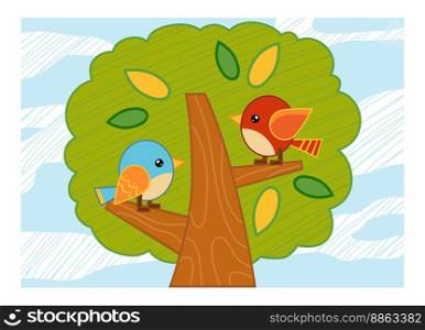 Cartoon vector illustration for children, colorful poster. A summer day. The birds in the tree.