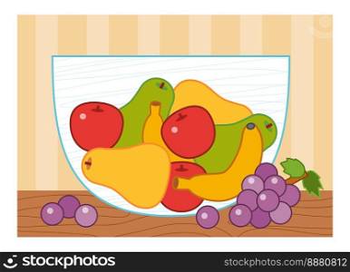 Cartoon vector illustration for children, colorful poster. Fruit bowl