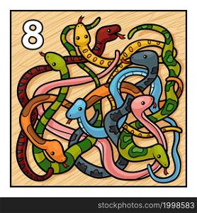 Cartoon vector illustration for children. Learn to count with animals, eight snakes