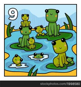 Cartoon vector illustration for children. Learn to count with animals, nine frogs