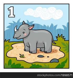 Cartoon vector illustration for children. Learn to count with animals, one rhino