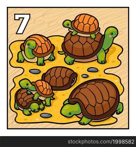 Cartoon vector illustration for children. Learn to count with animals, seven tortoises