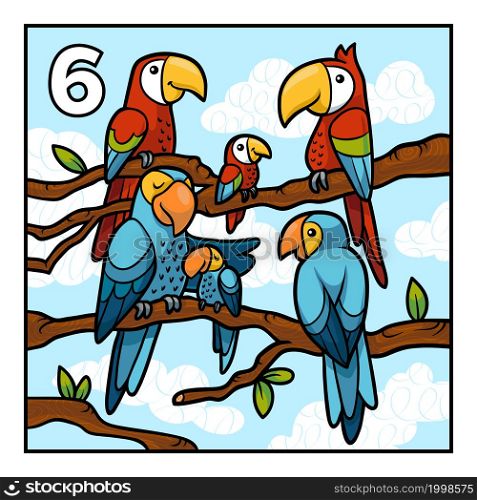 Cartoon vector illustration for children. Learn to count with animals, six parrots