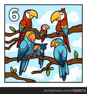 Cartoon vector illustration for children. Learn to count with animals, six parrots