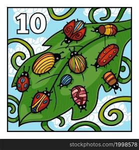 Cartoon vector illustration for children. Learn to count with animals, ten bugs