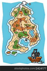 Cartoon vector illustration for children, Pirate map with a tropical island