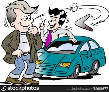 Cartoon Vector illustration of a car seller and a customer looking at a new auto car