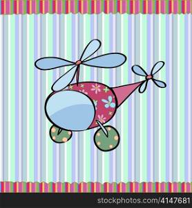 cartoon vector illustration of a cute little helicopter on the retro striped background