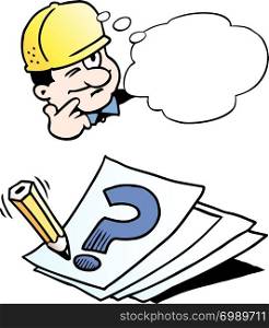 Cartoon Vector illustration of a Engineer thinking of a solution