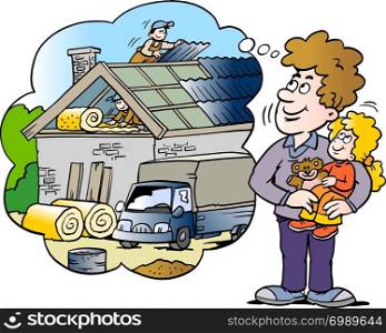 Cartoon Vector illustration of a family father looking at a new house
