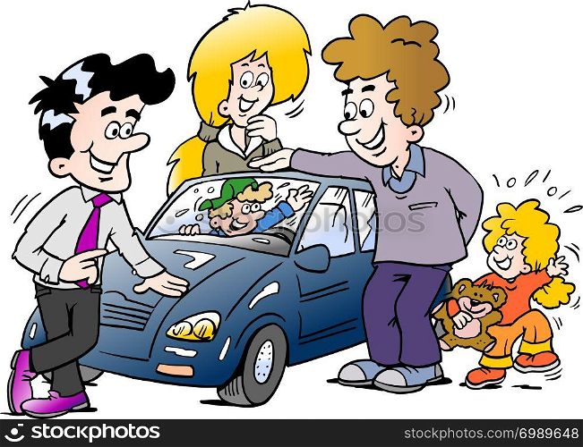 Cartoon Vector illustration of a family looking at a new auto car