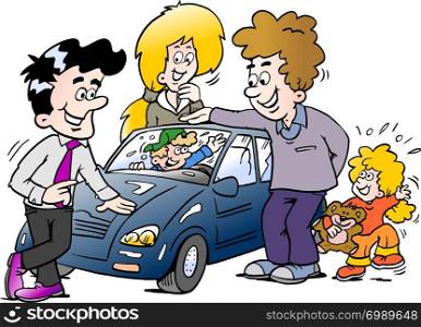 Cartoon Vector illustration of a family looking at a new auto car