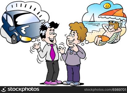 Cartoon Vector illustration of a family man there think what to choose new car or holiday