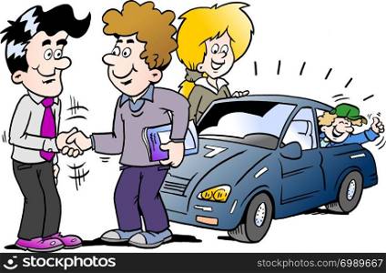 Cartoon Vector illustration of a family there has agreed a deal to buy a new auto car
