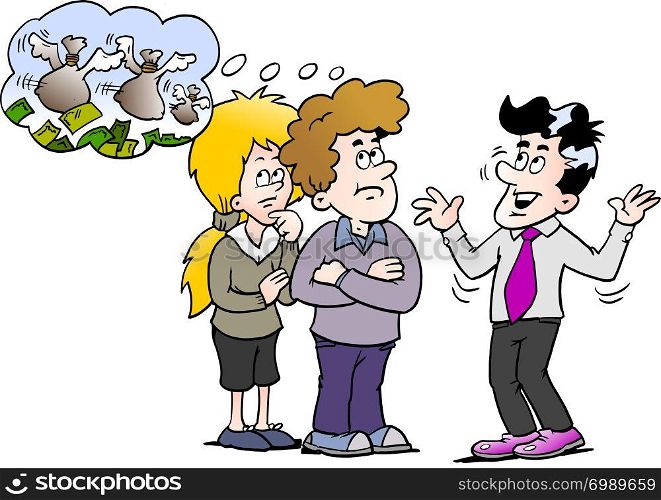 Cartoon Vector illustration of a family there think the money is fly away