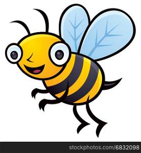 Cartoon vector illustration of a happy little bumblebee flying.