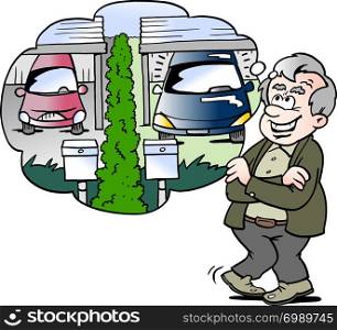 Cartoon Vector illustration of a happy old man compares the car with the neighbor