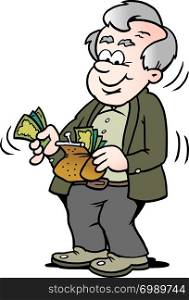 Cartoon Vector illustration of a happy old man taking money out of his wallet