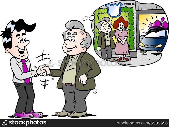 Cartoon Vector illustration of a old man there have buy a new auto car
