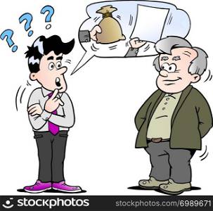 Cartoon Vector illustration of a sales man giving older man investment advise