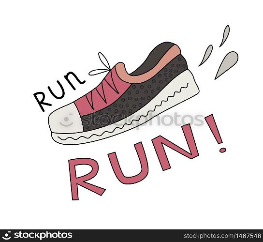 Cartoon vector illustration of a sneaker, splashes and Run lettering.. Sneaker and Run lettering