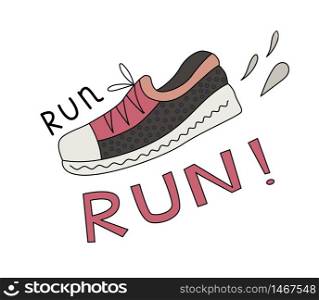 Cartoon vector illustration of a sneaker, splashes and Run lettering.. Sneaker and Run lettering