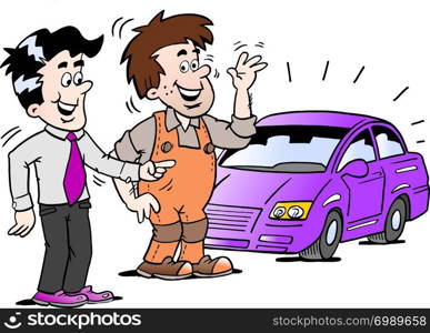 Cartoon Vector illustration of a young man there are happy for the new auto car