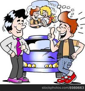 Cartoon Vector illustration of a young man there is so happy for his new auto car