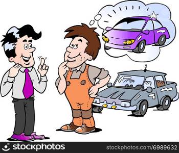 Cartoon Vector illustration of a young man there thinking of buying a new auto car