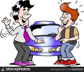 Cartoon Vector illustration of a young man there thinking of buying a new sports car