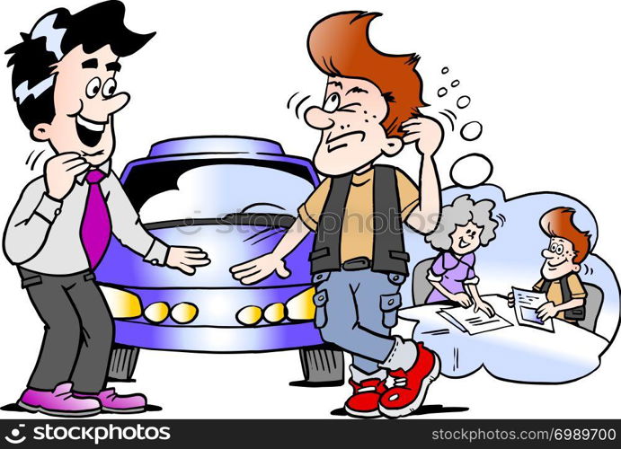 Cartoon Vector illustration of a young man think how to finance the sports car