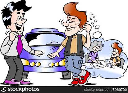 Cartoon Vector illustration of a young man think how to finance the sports car