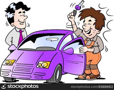 Cartoon Vector illustration of a young man who receives the key to his new car