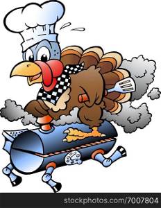 Cartoon Vector illustration of an Thanksgiving Turkey Chef riding a BBQ grill barrel