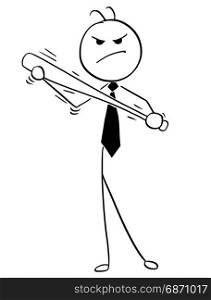 Cartoon vector illustration of angry stick man businessman or salesman with baseball bat in hands.