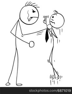 Cartoon vector illustration of big angry stick man attacking businessman or salesman or boss with fist .