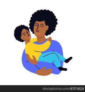 Cartoon vector illustration of black man with Afro hairstyle hugging and carrying boy. Fathers day. African American father carrying son. Fathers day