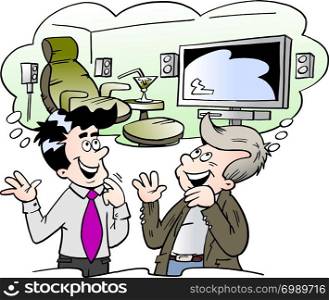 Cartoon Vector illustration of by a family man and a salesman thinking of the possibilities of the interior