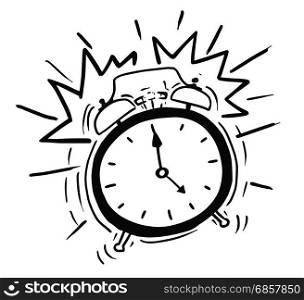 Cartoon vector illustration of classic alarm clock ringing in 5am in the morning