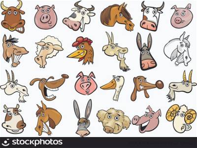 Cartoon Vector Illustration of Different Funny Farm Animals Heads Huge Set