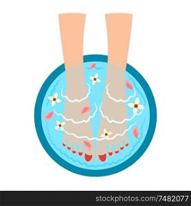 Cartoon vector illustration of female legs in hot bath with flower petals. Relaxation procedures.