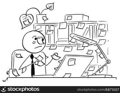Cartoon vector illustration of forgetful stick man office worker,clerk businessman with paper stick notes everywhere around his office, table and computer, also on his head.